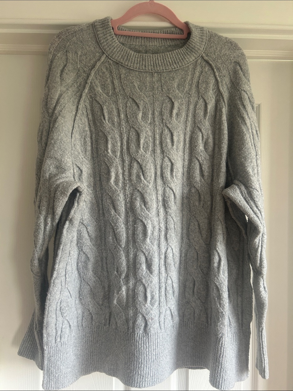 aerie Light Gray Cable-Knit Crewneck Sweater